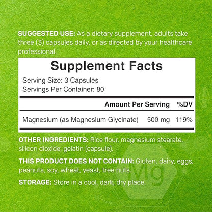 Max Strength Magnesium Glycinate 500mg Per Serving, 240 Capsules | Chelated, Highly Purified, Essential Mineral | Magnesium Supplement for Muscle, Joint, & Heart Health