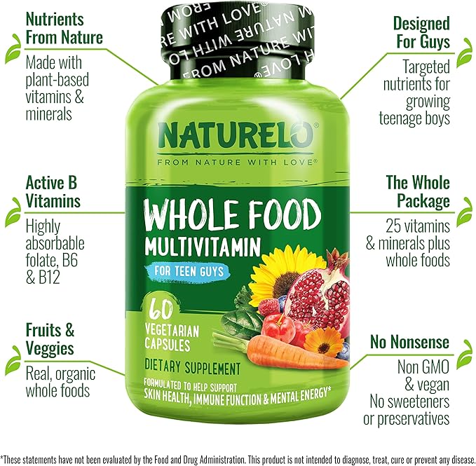 NATURELO Whole Food Multivitamin for Teenage Boys - Vitamins and Minerals Supplement for Active Kids - with Plant Extracts - Non-GMO - Vegan & Vegetarian - 60 Count (Pack of 2)