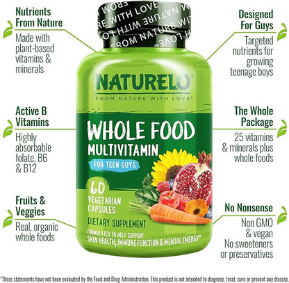 NATURELO Whole Food Multivitamin for Teenage Boys - Vitamins and Minerals Supplement for Active Kids - with Plant Extracts - Non-GMO - Vegan & Vegetarian - 60 Count (Pack of 2)