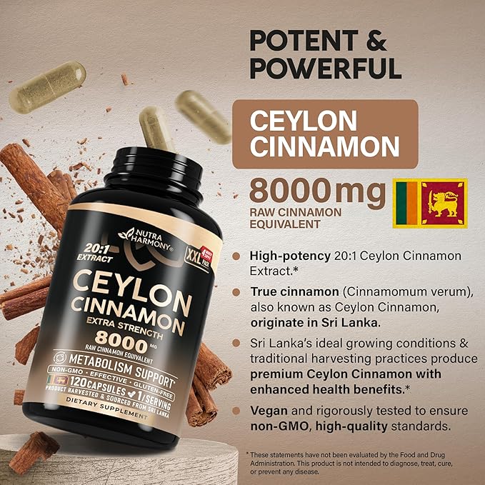 Ceylon Cinnamon Capsules - Extra Strength - Energy, Heart & Metabolism Support - for Men & Women - Pure Natural Extract 20:1 Supplement - Made in USA - GMO & Gluten Free, 120 Capsules, 4 Month Supply