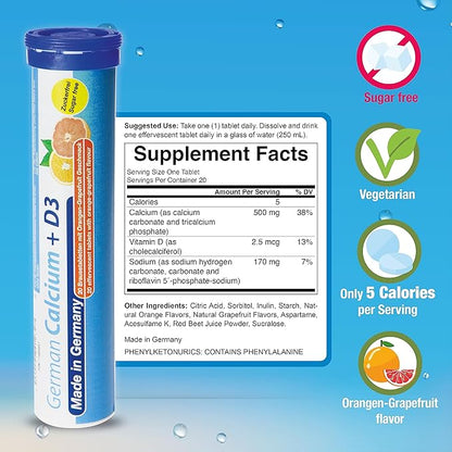 German Calcium + Vitamin D Drink Effervescent Tablets 60 Servings Orange-Grapefruit Flavour - 500 mg Calcium, 2,5 μg Vitamin D3 - T&D Pharma – Made in Germany