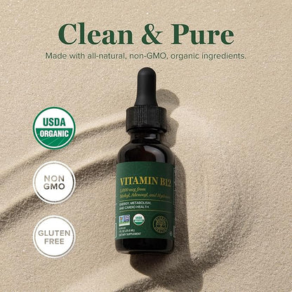 Global Healing Vitamin B12 Sublingual 5000 mcg Organic Liquid Supplement, Methylcobalamin, Adenosylcobalamin, Hydroxo Long-Lasting Energy and Healthy Metabolism - Vegan B12 Vitamins (1 Oz)