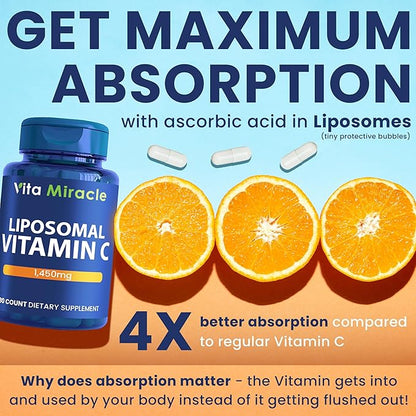 Liposomal Vitamin C 1450mg - 180 Capsules Ultra Absorption Ascorbic Acid VIT C Supports Immune System Fat Soluble Antioxidant & Collagen Booster Compare to Vitamin C 1000mg or 500mg Non-GMO Vegan