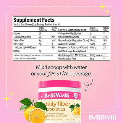 Daily Fiber Supplement Powder with Collagen, Probiotics & Electrolytes | Supports Digestive Health, Gut Balance & Debloating | Orange Yuzu Mandarin | 16 Servings