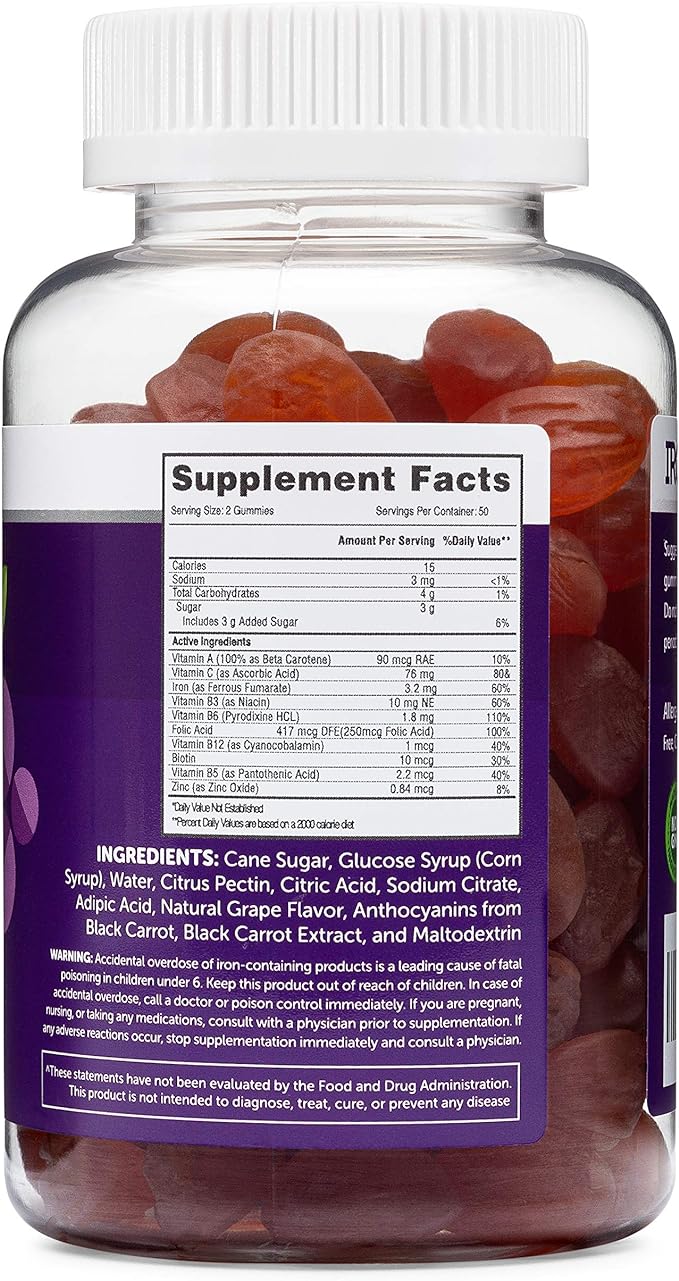 Iron Gummies for Adults and Kids, Chewable Multivitamin Supplement with Iron, Vitamin C, A, B, Zinc, Folic Acid, and Biotin (Grape Flavored) Vegan Safe, Made in The USA from HERBATECH