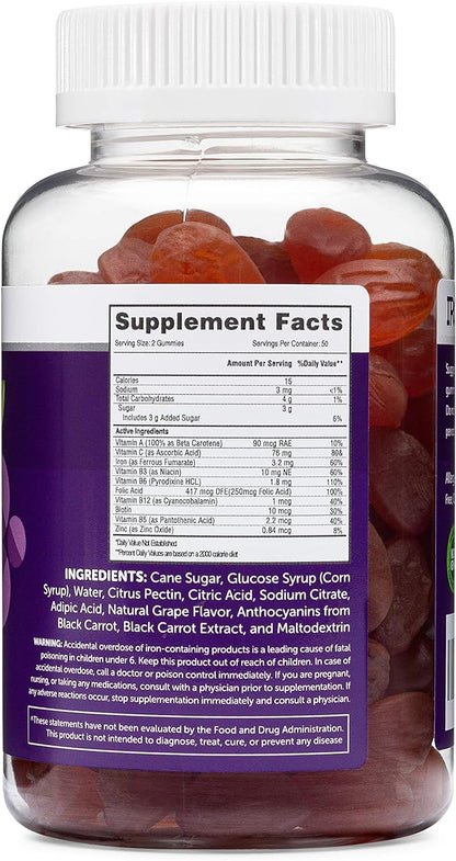 Iron Gummies for Adults and Kids, Chewable Multivitamin Supplement with Iron, Vitamin C, A, B, Zinc, Folic Acid, and Biotin (Grape Flavored) Vegan Safe, Made in The USA from HERBATECH