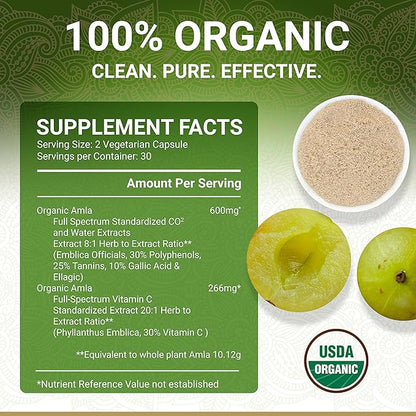 Organic Amla Capsules – Vitamin C | USDA Organic Certified | Whole Food Plant Based Vitamin C | Amalaki Supplement | Derived from Amla Fruit | Indian Gooseberry | Vegan | Ayurveda | 60 Amala Pills
