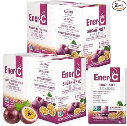 Ener-C Sugar Free Energy Passion Fruit Multivitamin Drink Mix Vitamin C 1000mg & Electrolytes - Natural Immunity Support with Real Fruit Juice Powders - Non-GMO Vegan & Gluten Free - 60 Count