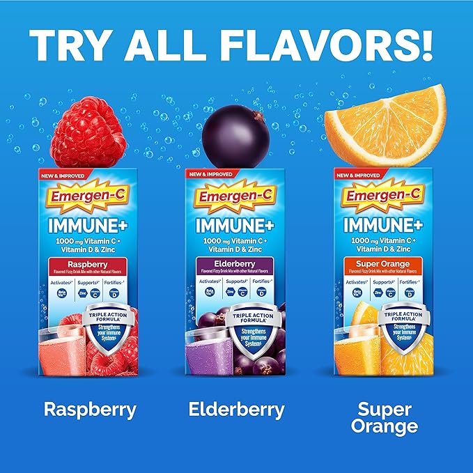 Emergen-C Immune+ Triple Action Immune Support Powder, BetaVia (R), 1000mg Vitamin C, B Vitamins, Vitamin D and Antioxidants, Super Orange – 50 Count