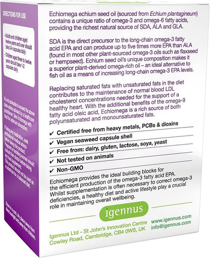 Echiomega Vegan Triple Omega 3 6 9 500 mg, Echium Seed Oil, EFA Supplement for Women with GLA, 60 Softgels