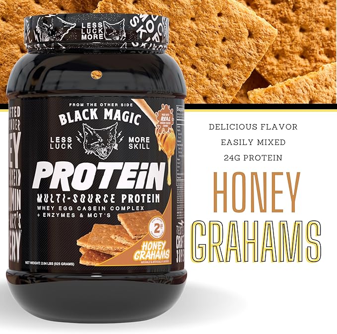 Worldwide Nutrition Bundle: Black Magic Multi-Source Protein Powder - Whey, Egg Albumin Enzymes, Micellar Casein & MCTs-Muscle Mass Gaining -Honey Grahams Flavor-2 LB & Multi Purpose Keychain