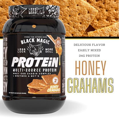 Worldwide Nutrition Bundle: Black Magic Multi-Source Protein Powder - Whey, Egg Albumin Enzymes, Micellar Casein & MCTs-Muscle Mass Gaining -Honey Grahams Flavor-2 LB & Multi Purpose Keychain