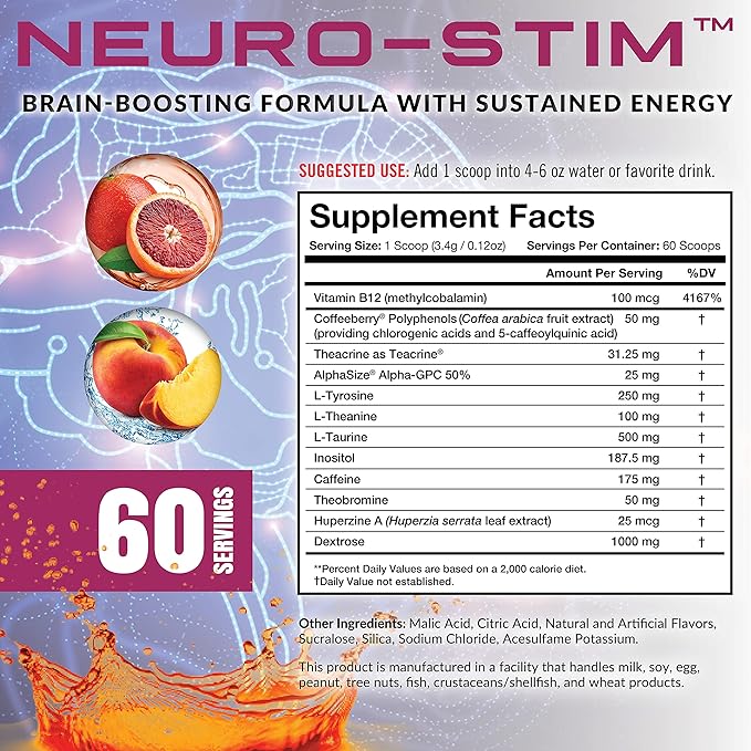 Granite® Neuro-Stim™ (Blood Orange) Brain Boosting Nootropic + Energy Formula | Supports Healthy Mental Focus, Clarity & Performance | Vegan, Soy Free, Gluten Free (60 Servings)