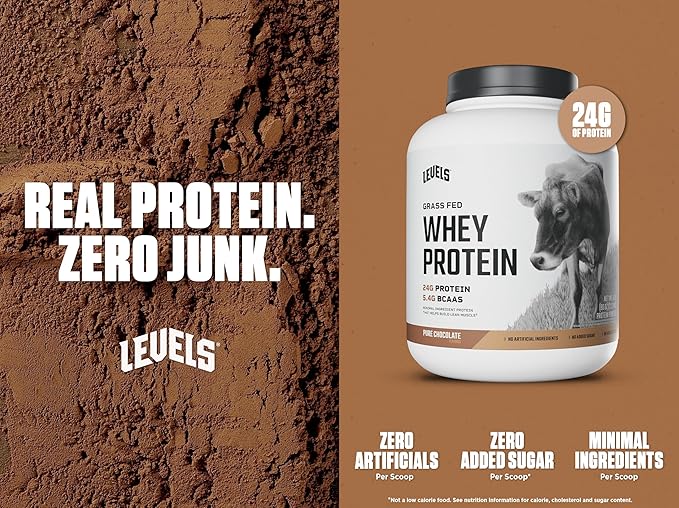 Levels Grass Fed Whey Protein Powder, No Artificials, 24G of Protein, Pure Chocolate, 5LB