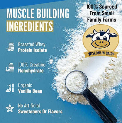 B.rad Grass-Fed Whey Protein Isolate Powder with Creatine | All-Natural, Ultra-Pure, Clean Ingredients | 100% USA-Sourced Superfuel | 2 Pounds | Vanilla Bean