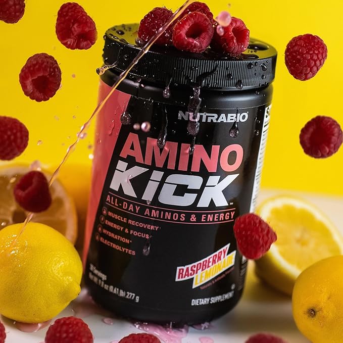NutraBio Amino Kick - Amino Acid Energy Formula - BCAA's, Electrolytes for Hydration, Natural Caffeine 30 Servings (Raspberry Lemonade)