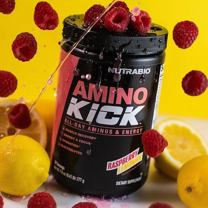 NutraBio Amino Kick - Amino Acid Energy Formula - BCAA's, Electrolytes for Hydration, Natural Caffeine 30 Servings (Raspberry Lemonade)