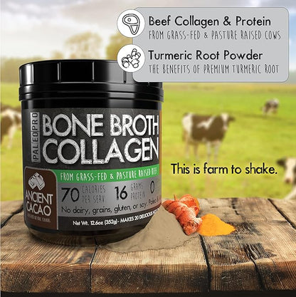 PaleoPro Bone Broth Collagen w/Turmeric Root (Ancient Cacao) Grass-Fed & Pastured Beef Collagen | Gluten Free, Dairy Free, No Sugar, Soy, Grains or Net Carbs |Paleo & Keto Friendly (20 Servings)