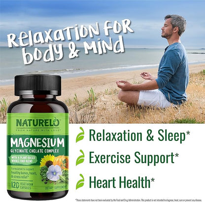 NATURELO Magnesium Glycinate Chelate Complex - 200 mg Magnesium with Organic Vegetables to Support Sleep, Calm, Muscle Cramp & Stress Relief – Gluten Free, Non GMO - 120 Capsules