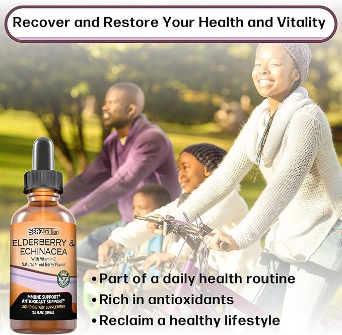 SBR Nutrition Immune Support Liquid Dietary Supplement for Adults, Elderberry and Echinacea with Vitamin C, Organic, Vegan Sambucus Extract Immune System Booster, 2 oz (60 mL)