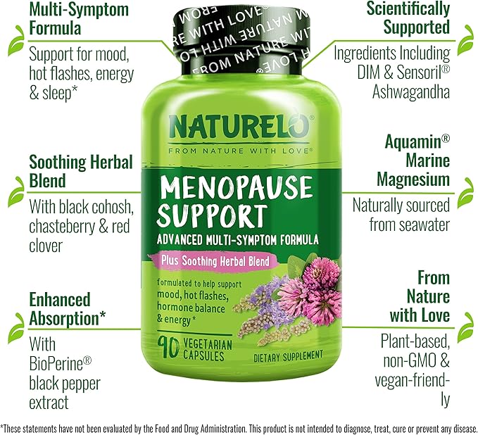 NATURELO Menopause Supplements for Women, Herbal Blend with Black Cohosh for Menopause Hot Flashes Advanced Multi-Symptom Formula 90 Capsules
