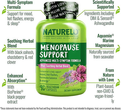 NATURELO Menopause Supplements for Women, Herbal Blend with Black Cohosh for Menopause Hot Flashes Advanced Multi-Symptom Formula 90 Capsules
