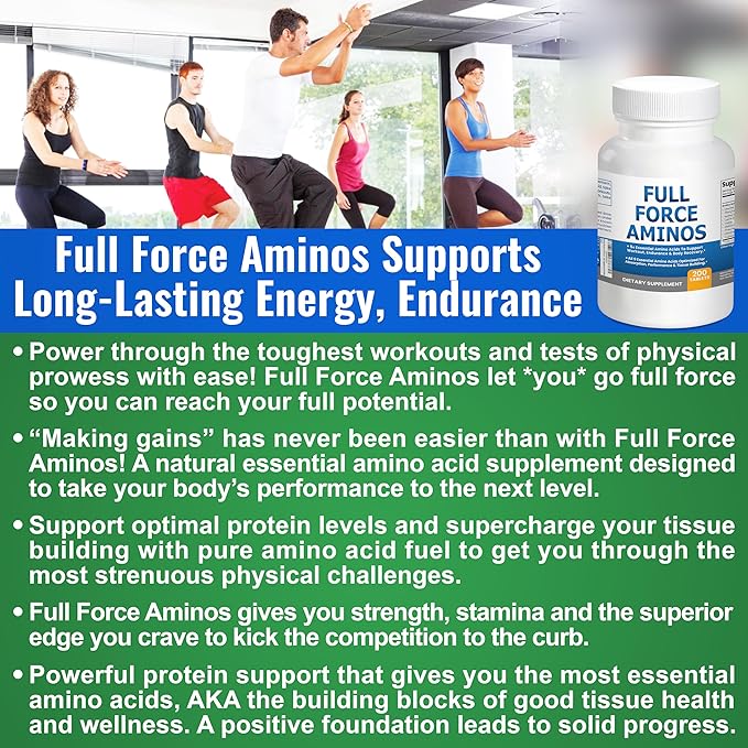 Full Force Amino Acid Supplement, Tissue Building Essential Amino Acids for Workout Recovery. Amino Acids for Performance 5000mg 200 EAA BCAA Tablets