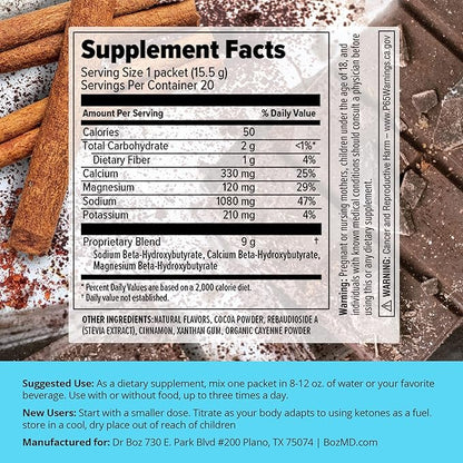 Dr. Boz - Keto BHB Powder - Mexican Chocolate Spice, 20 Servings - Ketones Drink - Energy & Reduced Cravings - Max Strength Dietary Supplement - Quality Tested - Made in The USA - 10.9oz (310g)