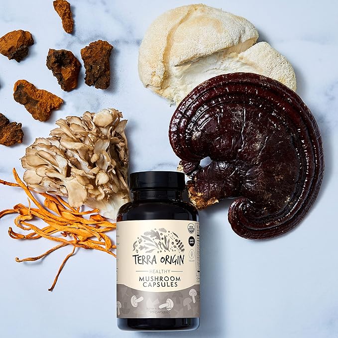 TERRA ORIGIN Healthy Mushroom Capsules | Certified USDA Organic | 90 Veggie Caps | Reishi Mushroom, Lions Mane | Potent Immune Support & Nootropic Brain Supplement |