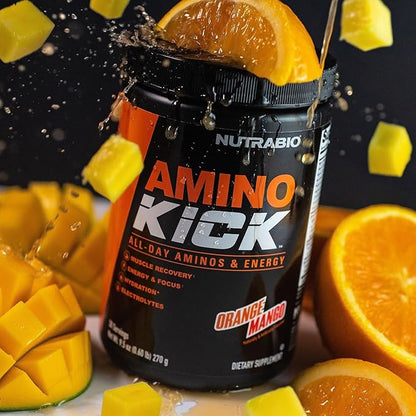 NutraBio Amino Kick - BCAA's, Electrolytes for Hydration, Natural Caffeine- 30 Servings- (Orange Mango)