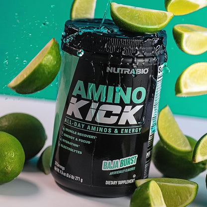 NutraBio Amino Kick - Amino Acid Energy Formula - BCAA's, Electrolytes for Hydration, Natural Caffeine- 30 Servings (Baja Burst)