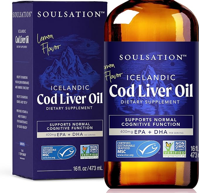 Icelandic Cod Liver Oil Liquid, Lemon (16oz) - Vitamins A & D, EPA & DHA - Helps Vision, Skin Membranes & Immune Function - MSC Certified, Non-GMO