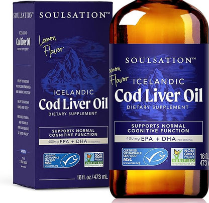 Icelandic Cod Liver Oil Liquid, Lemon (16oz) - Vitamins A & D, EPA & DHA - Helps Vision, Skin Membranes & Immune Function - MSC Certified, Non-GMO