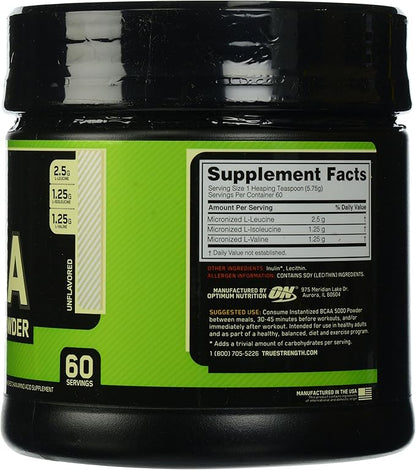 Optimum Nutrition Instantized BCAA 5000mg Powder, Unflavored, Keto Friendly, 60 Servings