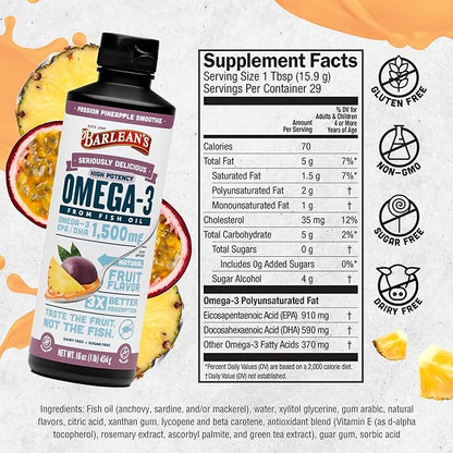 Barlean's Passion Pineapple High Potency Omega 3 Fish Oil Liquid Supplement, 1500mg EPA & DHA Fatty Acid, Smoothie Flavored & Burpless for Brain, Joint, & Heart Health, 16 oz