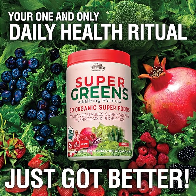 Country Farms Organic Super Greens Berry Flavor, 50 Organic Super Foods, Packed with Fiber, USDA Organic Drink Mix, Fruits, Vegetables, Mushrooms & Probiotics, Supports Energy, 5g Fiber