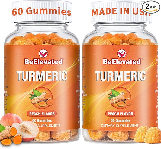 Turmeric Gummies for Adults - Extract 8:1 2000mg - Black Pepper and Ginger Supplements for Joint Support - Vegetarian Chewable Vitamins Supplement - Peach Flavor Gummy Chews - Pack of 2