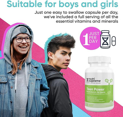 Nutri Supreme Teen Multivitamin for Boys and Girls 12-17, Best Kosher One Per Day Teen Vitamins, Formulated for Teen Development and Immune Health, 30 Capsules