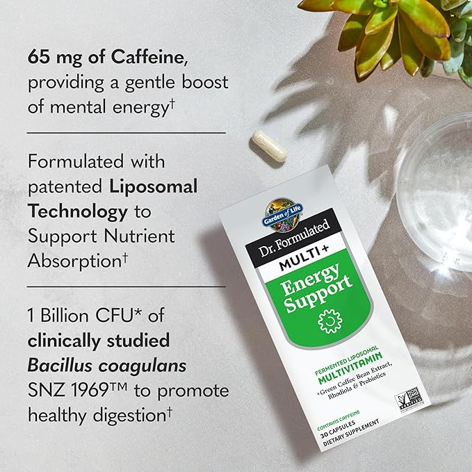 Garden of Life Dr. Formulated Multi+ Energy Support: Fermented Liposomal Multivitamin + Green Coffee Bean Extract, Rhodiola & Probiotics - Boost Energy, Support Digestion & Immune Health, 30 Capsules