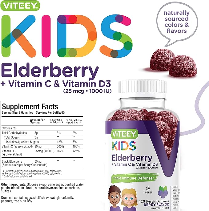 Sambucus Elderberry Gummies for Kids Immune Support Supplements with Vitamin D3 & Vitamin C - 3-1 Immune Booster - Vegetarian, Gelatin Free, Gluten Free, GMO Free - Tasty Chewable Berry Flavored Gummy