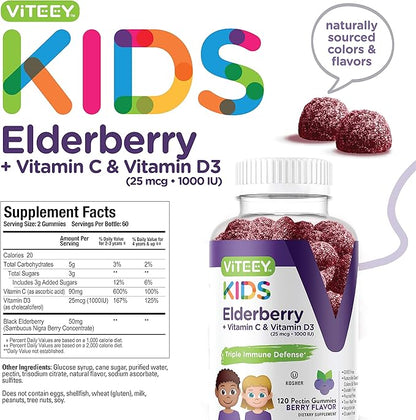 Sambucus Elderberry Gummies for Kids Immune Support Supplements with Vitamin D3 & Vitamin C - 3-1 Immune Booster - Vegetarian, Gelatin Free, Gluten Free, GMO Free - Tasty Chewable Berry Flavored Gummy