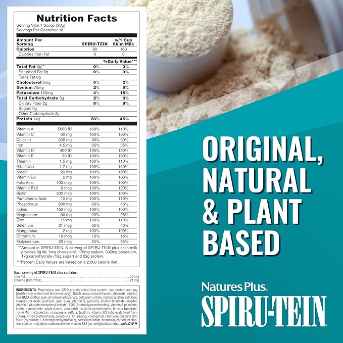 Natures Plus Simply Natural SPIRU-TEIN Shake - Unsweetened Chocolate - 0.82 lb Protein Powder- Meal Replacement - Natural Energy - Supports Diabetic Lifestyle - Vegetarian, 16 Servings