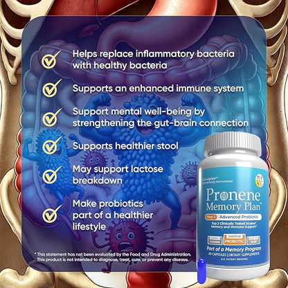 Pronene Memory Plan Advanced Probiotic | Top 3 strains w/Lactobacillus acidophilus, Bifidobacterium bifidum, Bifidobacterium longum | Supports Immunity, microbiome, Memory Health (60caps)