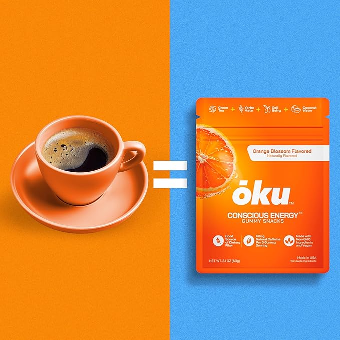 ōku Conscious Energy Gummy Snacks – Natural Caffeine from Green Tea & Yerba Mate, Vegan, Clean Ingredients, Gluten-Free, Focused Energy, Antioxidants & Fiber, Orange Blossom Pack of 12