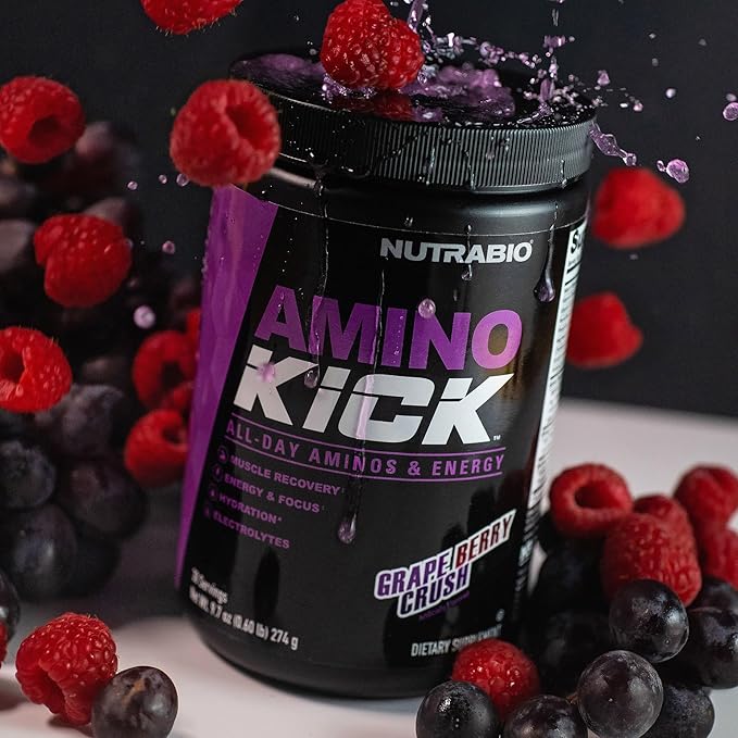 NutraBio Amino Kick - Amino Acid Energy Formula - BCAA's, Electrolytes for Hydration, Natural Caffeine- 30 Servings (Grape Berry Crush)