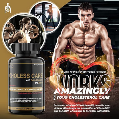 Cholesterol Supplement - Triglycerides Support Capsules w. Organic, Odorless Garlic, Cayenne Pepper, Plant Sterols to Support Normal HDL and LDL Cholesterol Levels w. Antioxidant Niacin (Vitamin B3)