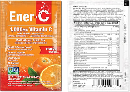 Ener-C Orange Multivitamin Drink Mix Powder Vitamin C 1000mg & Electrolytes with Real Fruit Juice Natural Energy & Immune Support for Women & Men - Non-GMO Vegan & Gluten Free - 60 Count