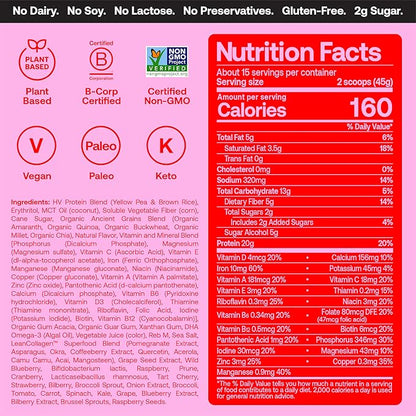 Happy Viking Strawberry Protein + Superfoods Powder, Created by Venus Williams, 20G Protein, Low Carb, Keto, Vegan, Gluten-Free, Non-GMO, Superfoods, Complete Meal Replacement, 1 Canister (24 oz.)