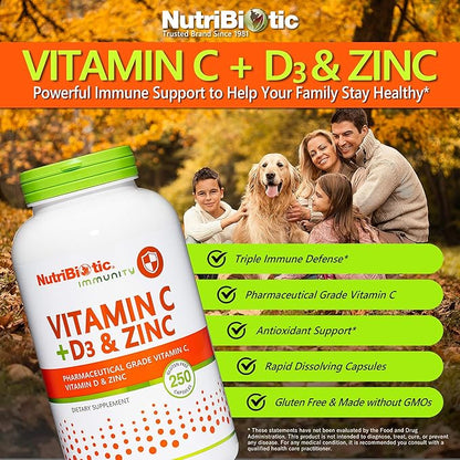 NutriBiotic – Vitamin C + Vitamin D3 & Zinc, 250 Capsules | Potent, Comprehensive Immune Support | Essential & Antioxidant Daily Supplement | Gluten & GMO Free