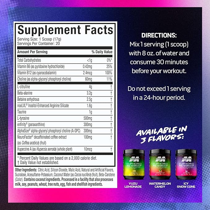 Pre Workout Powder MuscleTech EuphoriQ PreWorkout Smart Pre Workout Powder for Men & Women Caffeine Metabolite Fueled With Paraxanthine Watermelon Candy (20 Servings)